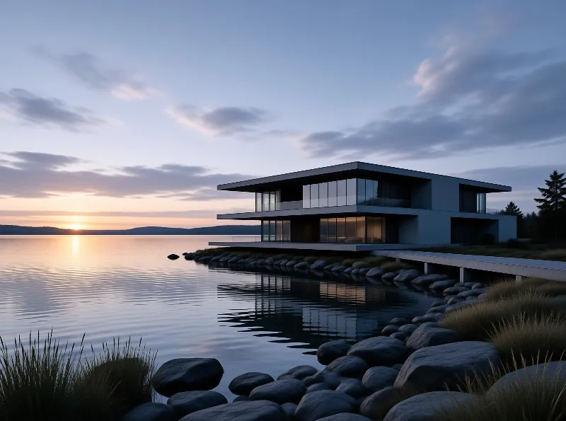 A flat roofed modern house of glass and concrete mirrors the orange sunset across calm lakeside rocks and grasses
