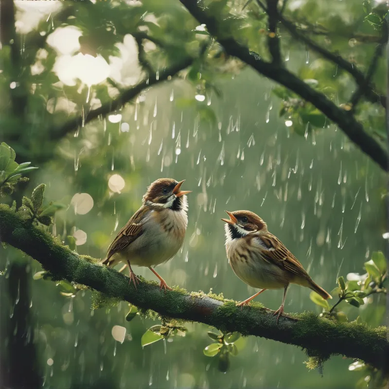 Two small birds with open beaks stand on a mossy tree branch while rain falls through sunlit green leaves.