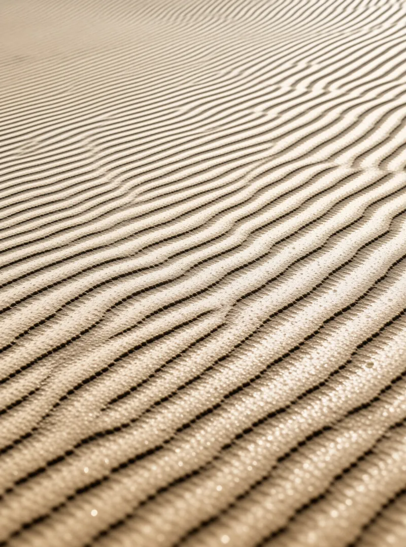 Wind-carved ridges run diagonally across pale desert sand, glittering grains sharp in front and softening toward the top.