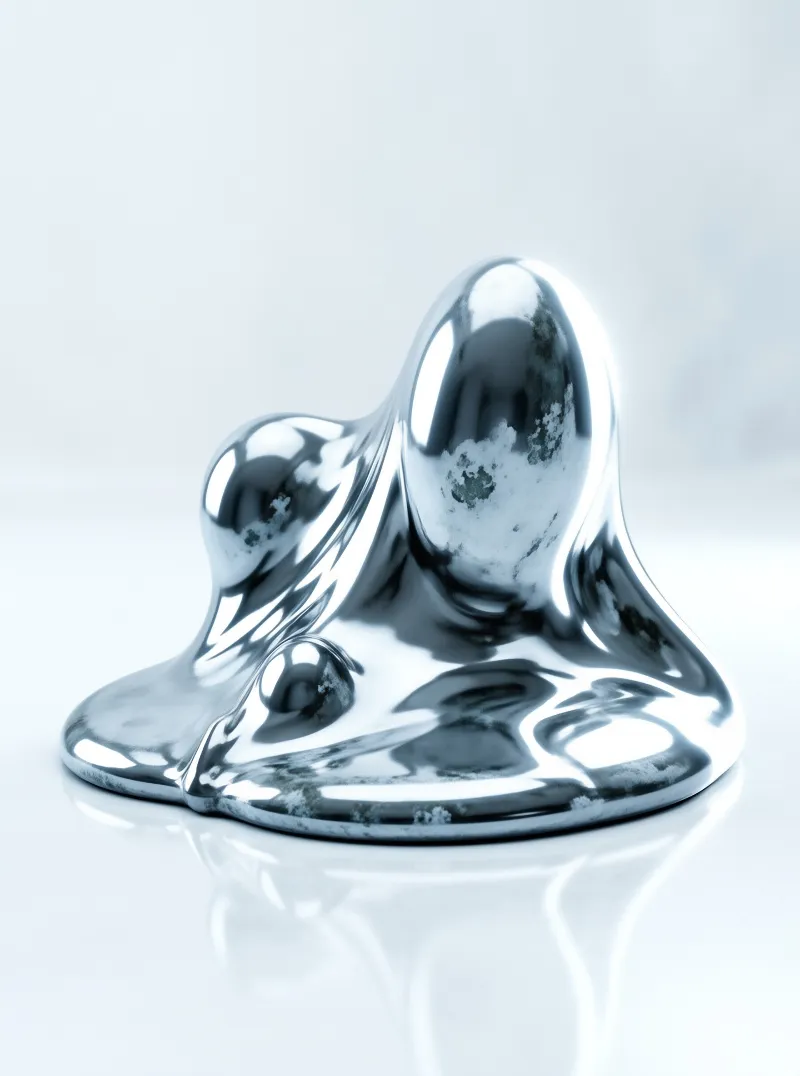A shiny silver blob of liquid metal pools into rounded peaks against a soft white studio backdrop.