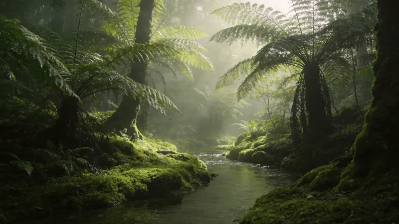 Misty Healing Forest with Sunlit Ferns