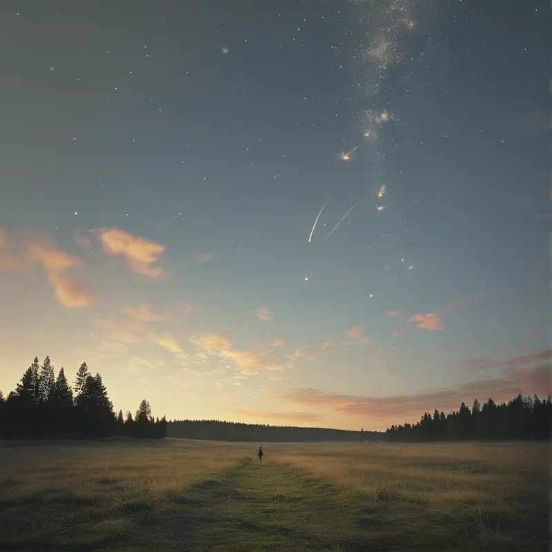 Shooting stars streak across a dusk sky above an open meadow with a distant walking figure.