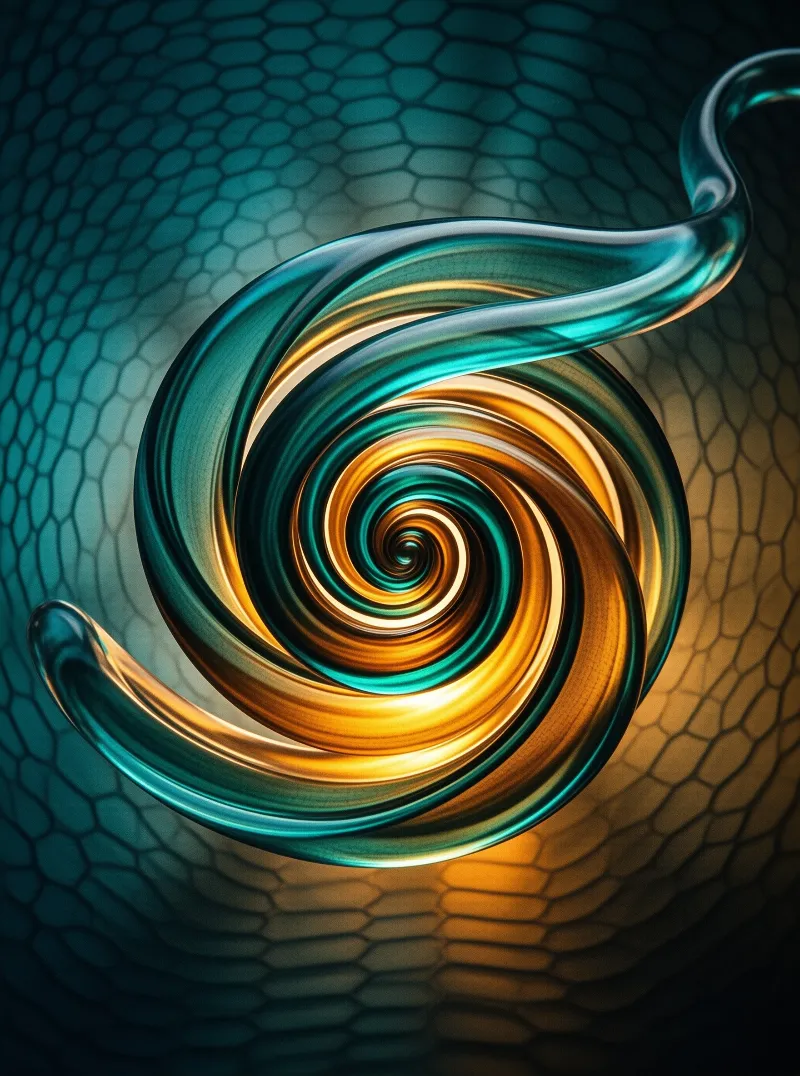 Translucent bands twist into a tight vortex, blending turquoise and molten gold over a honeycomb textured ground.