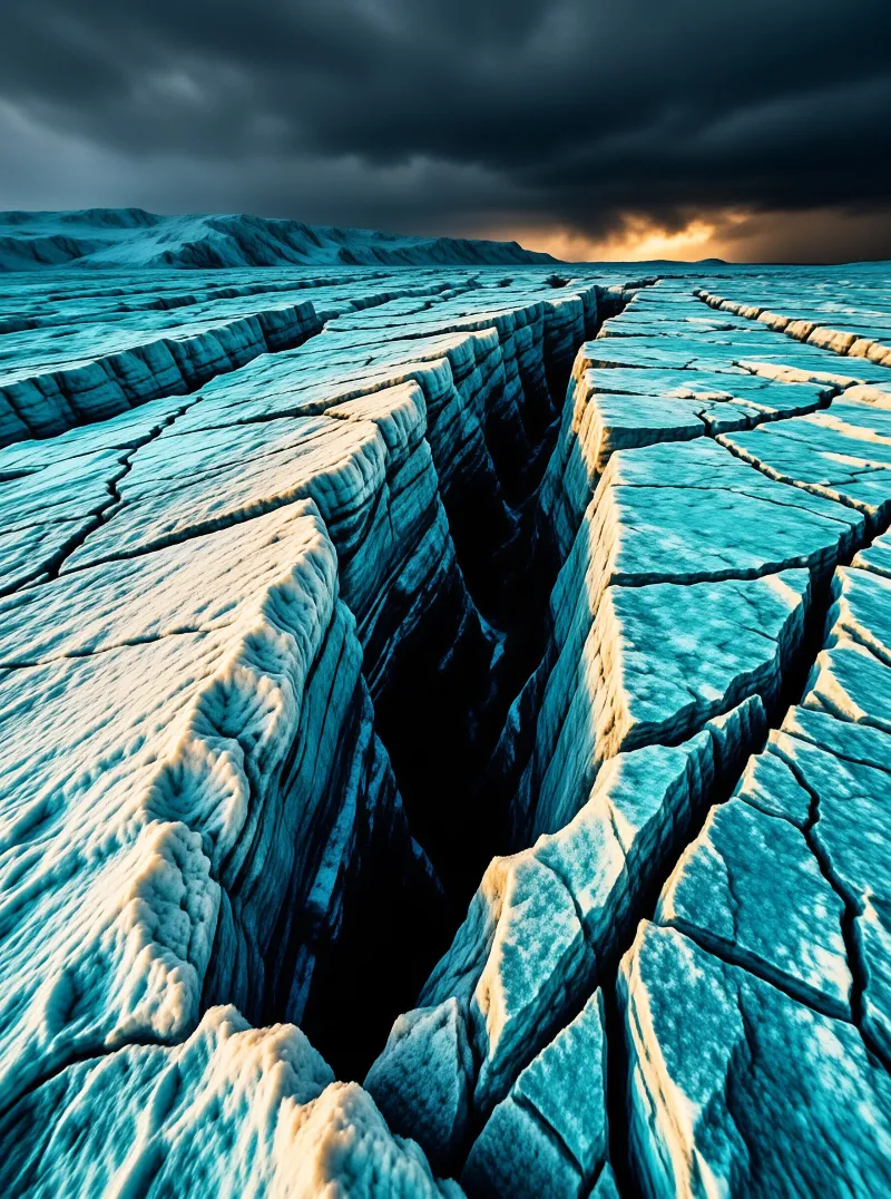 Turquoise ice blocks split into deep chasms as low golden sunlight breaks through heavy clouds on the horizon.