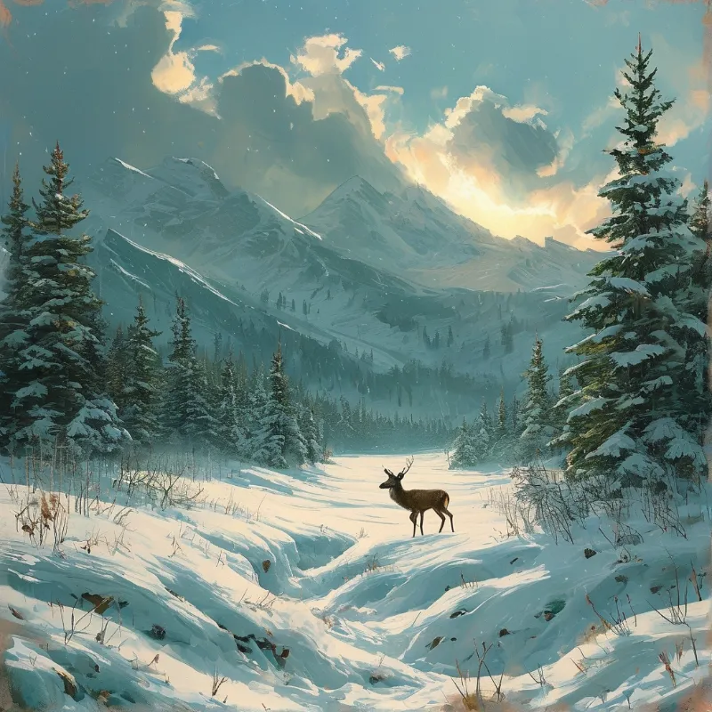 A lone stag stands on a snowy slope surrounded by evergreen trees and distant mountains under a soft sky.