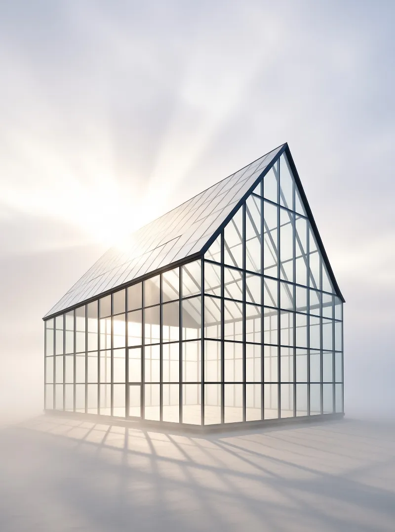 Minimalist glass architecture stands in a bright foggy field, with sunlight streaming through the transparent grid walls.