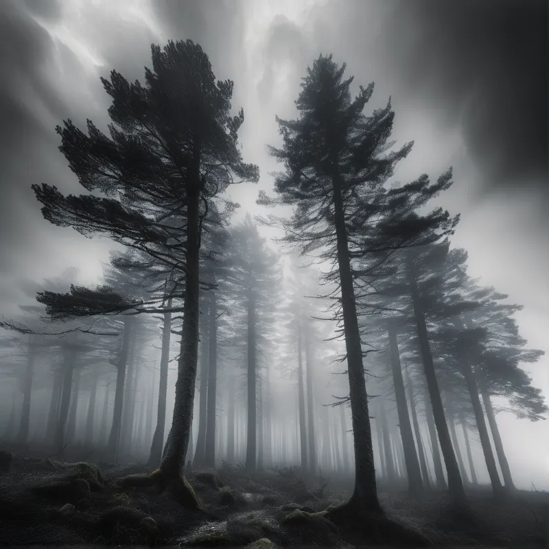 Tall dark pine trees rise vertically through thick grey fog in this monochromatic woodland landscape scene.