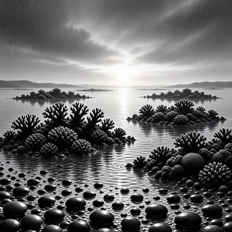 Slender streaks of rain cross a grayscale seascape with dark coral islets and glossy pebbles below.