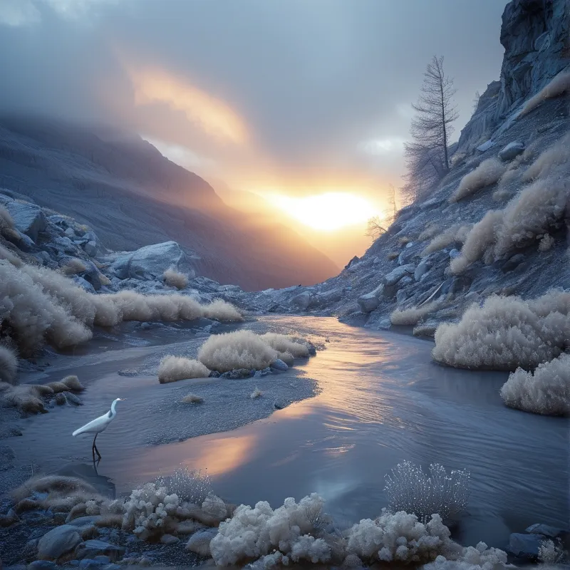 A white egret stands in a shallow river flowing through a rocky landscape covered in frost during a golden sunset.