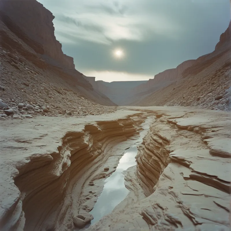 A narrow pool of water reflects the sky in a dry canyon surrounded by towering eroded rock formations.