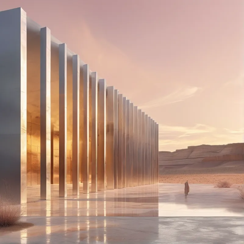 A line of reflective metal pillars stands on wet pavement under a pink sky with desert hills in the distance.