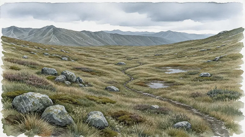 A winding dirt path crosses a vast highland moorland, leading toward distant mountains beneath a grey, overcast sky.