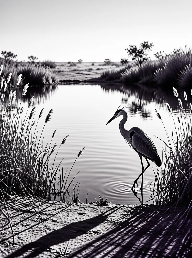 A monochrome photo of a wading bird entering the pond creating ripples amidst tall vegetation and long shadows on the bank.