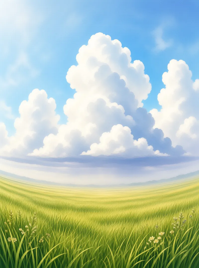 Sunlit meadow grass bends gently below a bright blue sky filled with huge white cumulus clouds.