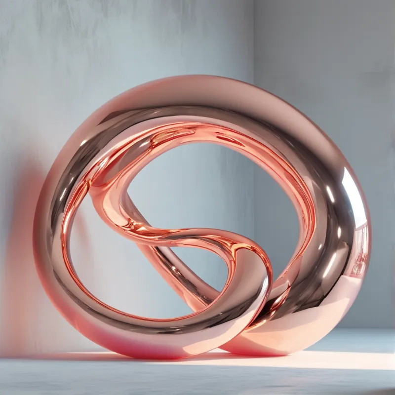 A highly reflective rose gold metal sculpture rests against a pale blue wall corner with soft directional lighting.