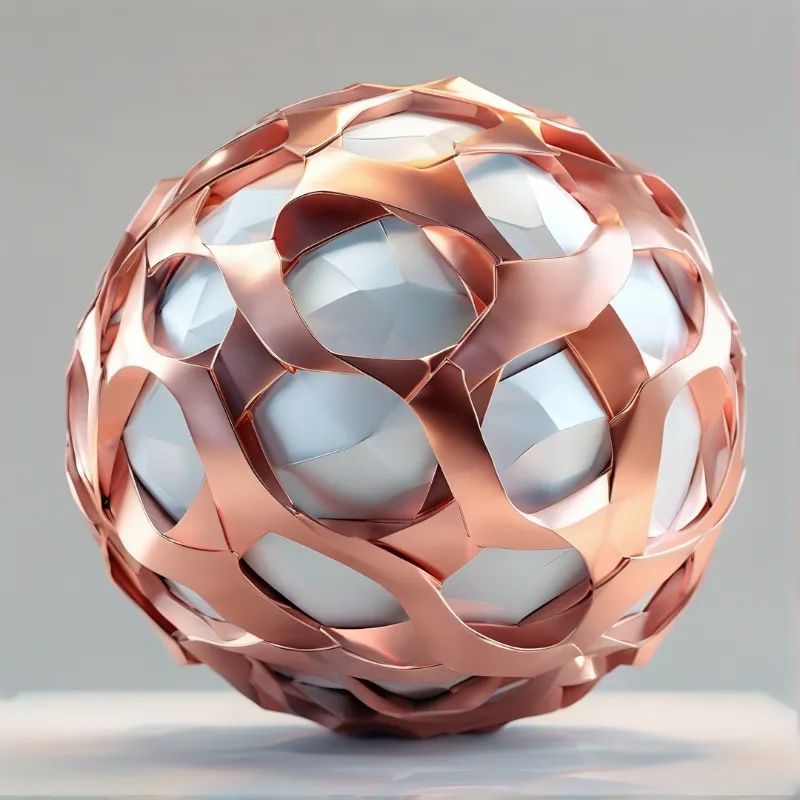 A copper-colored woven shell wraps around a pale faceted interior within a neutral grey space.