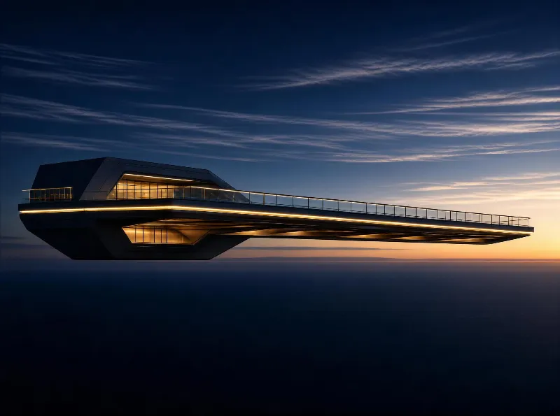 A geometric, dark floating platform with illuminated edges hovers over the ocean as dusk sets, with warm lights glowing against the darkening sky.