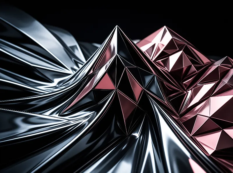 Angular shiny metallic peaks with silver and rose gold finishes are set against a black background, sharp light lines running across their rippled and faceted forms.