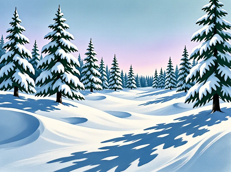 A stylized illustration of a forest of tall evergreen trees covered in thick white snow under a gradient sky at dawn.