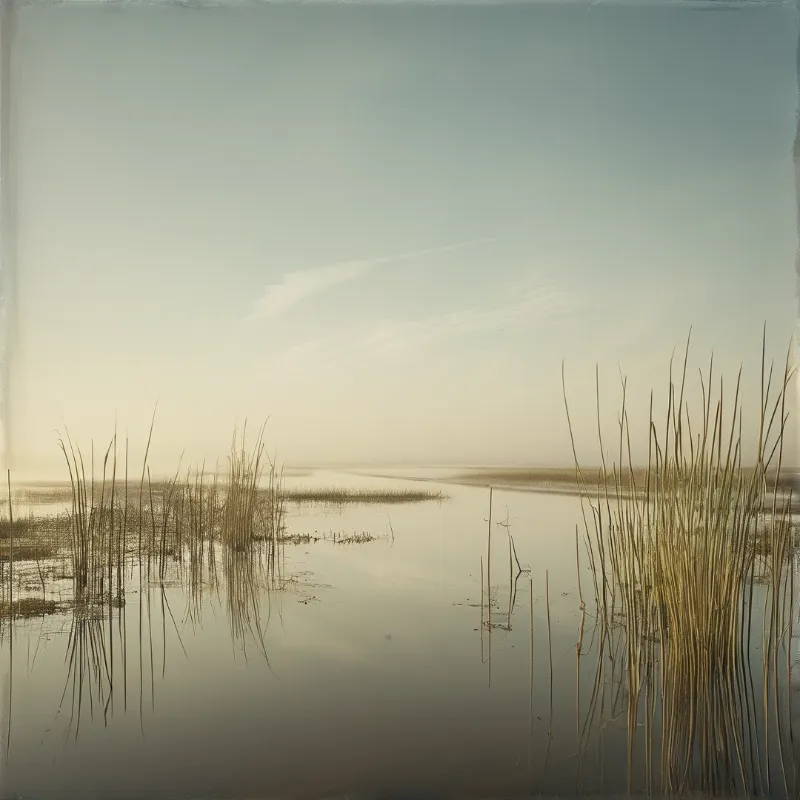Tall thin reeds rise from a calm misty marsh pond reflecting a pale overcast sky