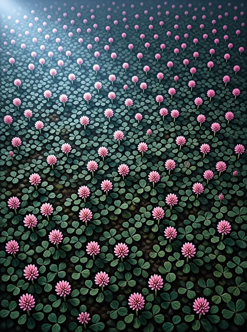 A lush green clover field filled with pink blossoms and bathed in bright sunlight from the top left corner.