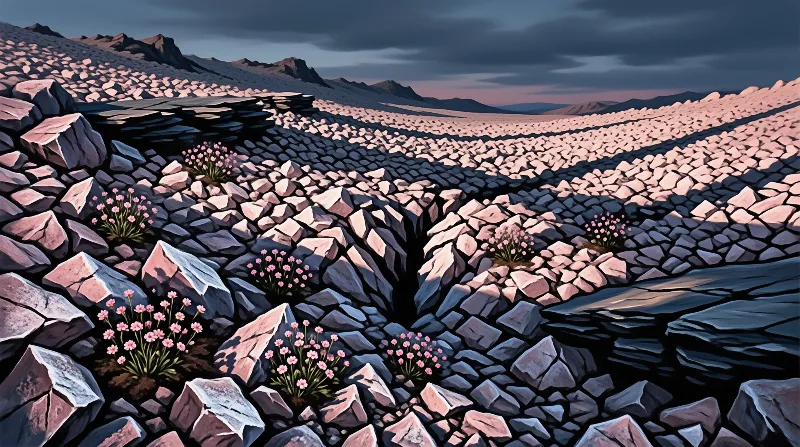 Pink wildflowers bloom in a vast field of cracked purple desert stones under a twilight sky.