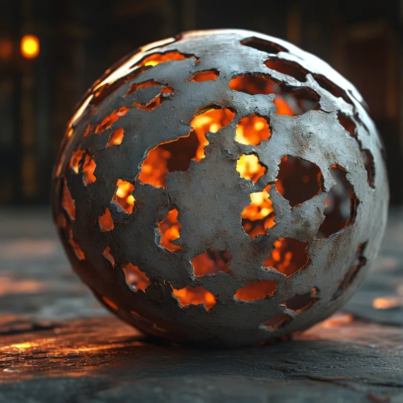 A weathered metal sphere with irregular holes sits on rough wood, revealing bright orange flames burning within.