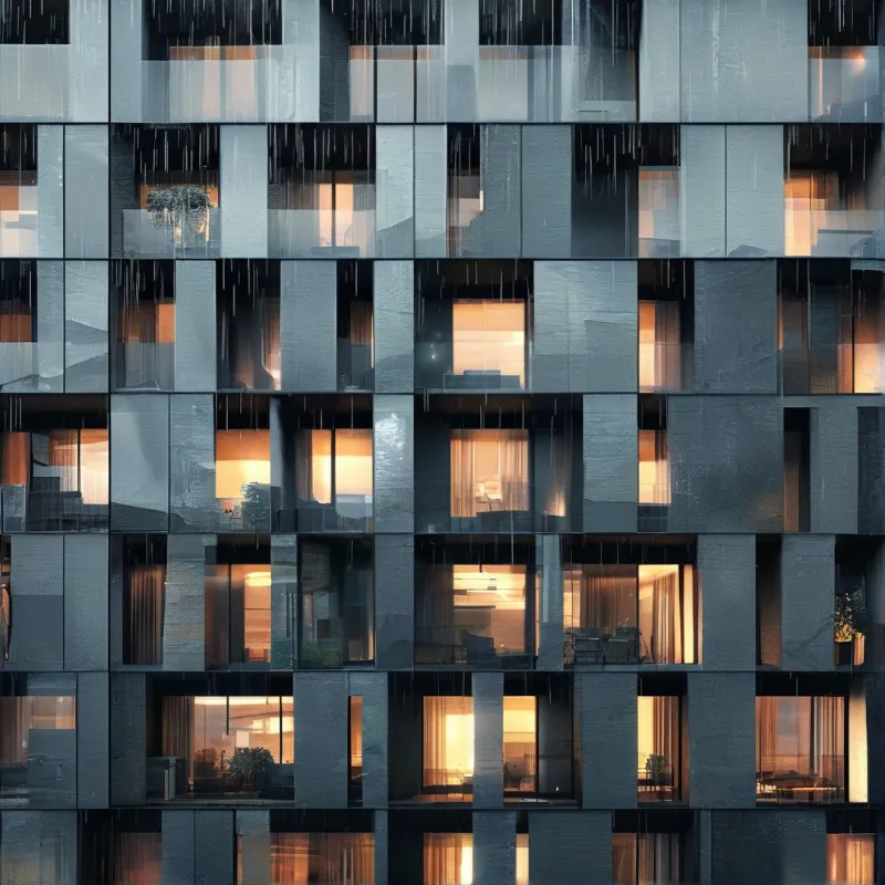 Cool blue concrete blocks frame warm orange windows as rain streaks down the modern building facade at night.