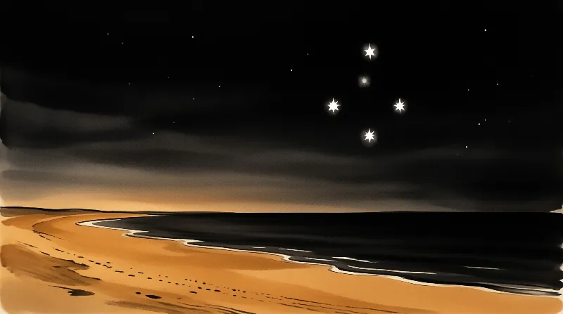 Bright stars form a cross shape in the dark sky above a winding sandy shore with smooth gradient transitions.