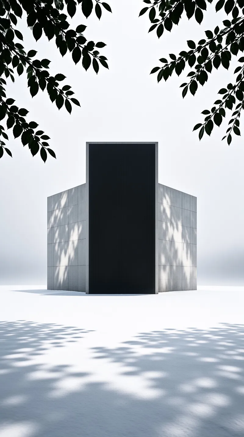 A minimalist white building with a black entrance stands framed by leaves casting shadows on the ground.