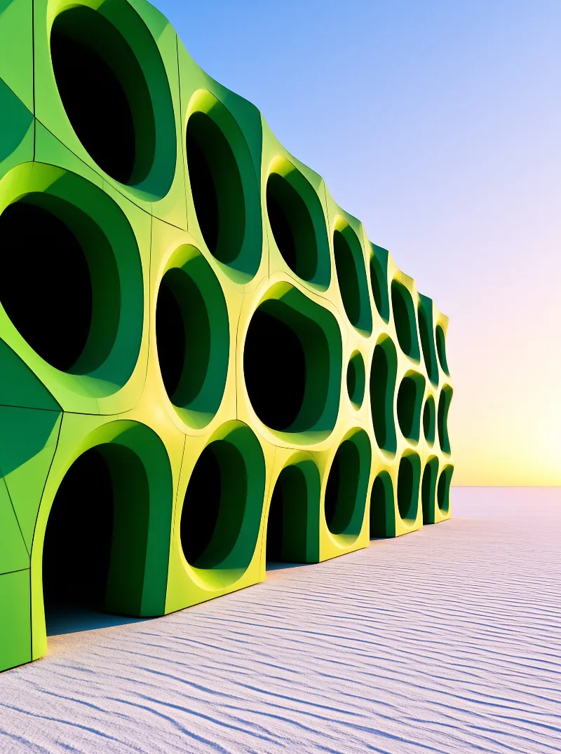 A surreal lime-green facade with punched holes recedes across rippled desert sand under a blue to amber gradient sky.