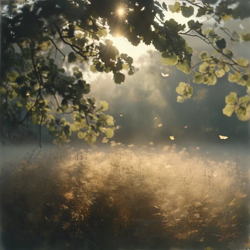 Bright rays break through an arching leafy branch onto tall grass and small pale butterflies drifting in the warm haze.