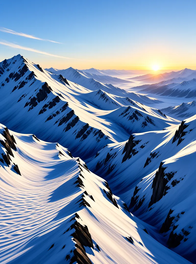 A jagged snow covered mountain ridge stretches toward a distant sunlit range under a clear blue sky at dawn or dusk.