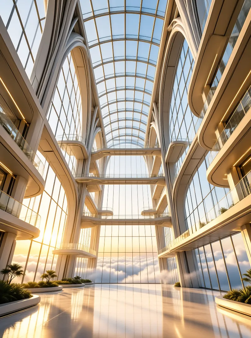 A bright white architectural interior features curved arches and glass walls overlooking a vast sea of clouds bathed in warm sunlight.