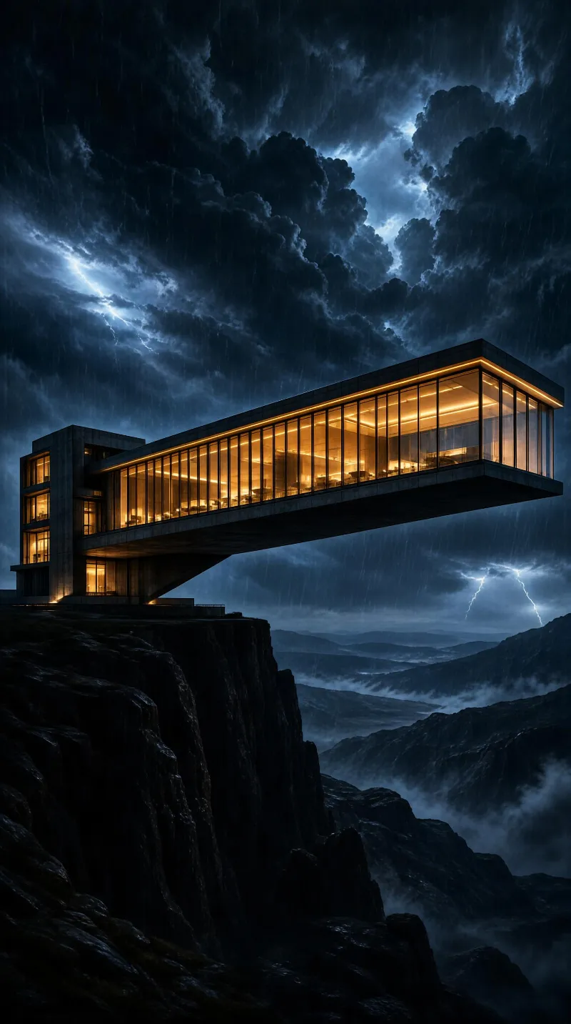 Modern Cliffside Building in Stormy Night