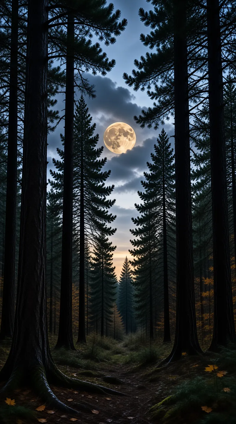 A bright full moon glows in the sky above a dense path lined with tall dark pine trees and scattered leaves.