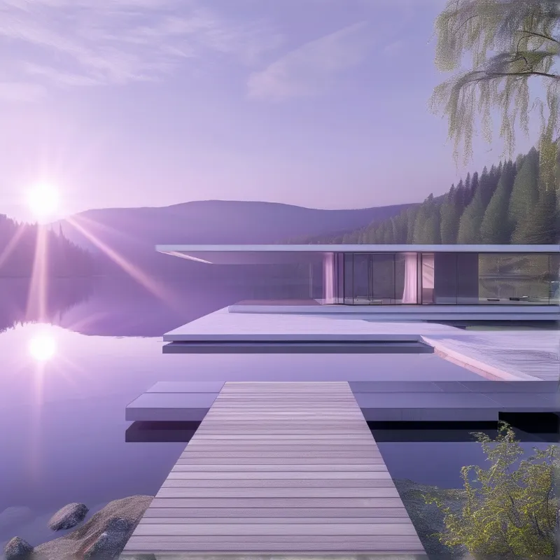 A sleek glass building rests on stilts above a calm lake while a bright sunburst reflects off the water during a violet dawn.