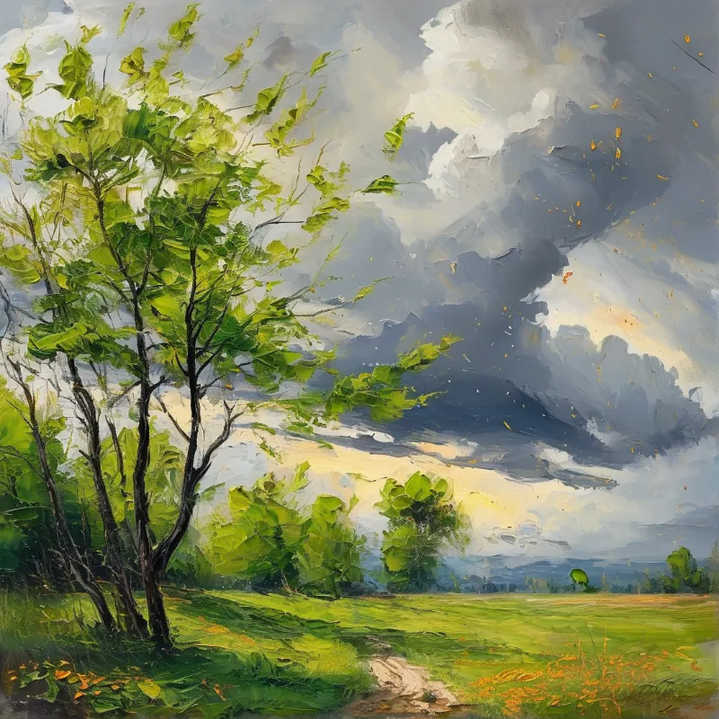 An impressionist oil painting shows a bright green tree bending in wind before heavy rolling clouds.
