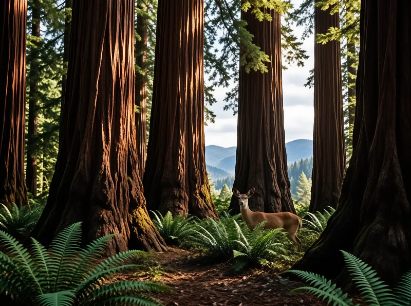 A deer stands near giant redwood trees while sunlight shines on the bark and ferns cover the ground.