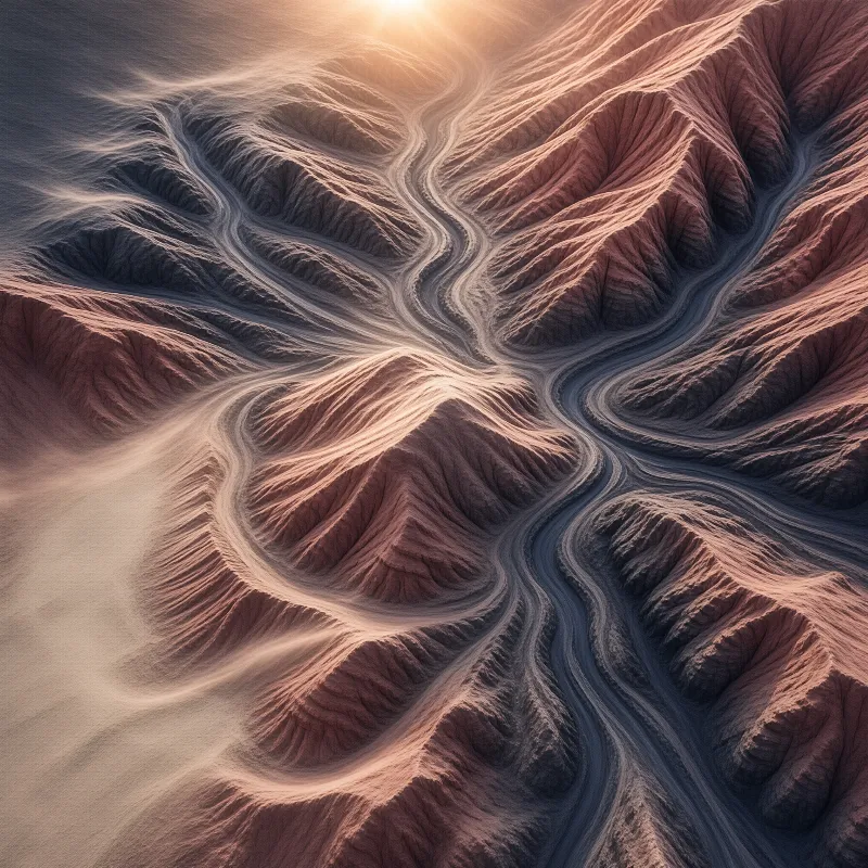 Aerial view of deeply eroded rust colored terrain with branching ridges and dark shadowed valleys under warm glow
