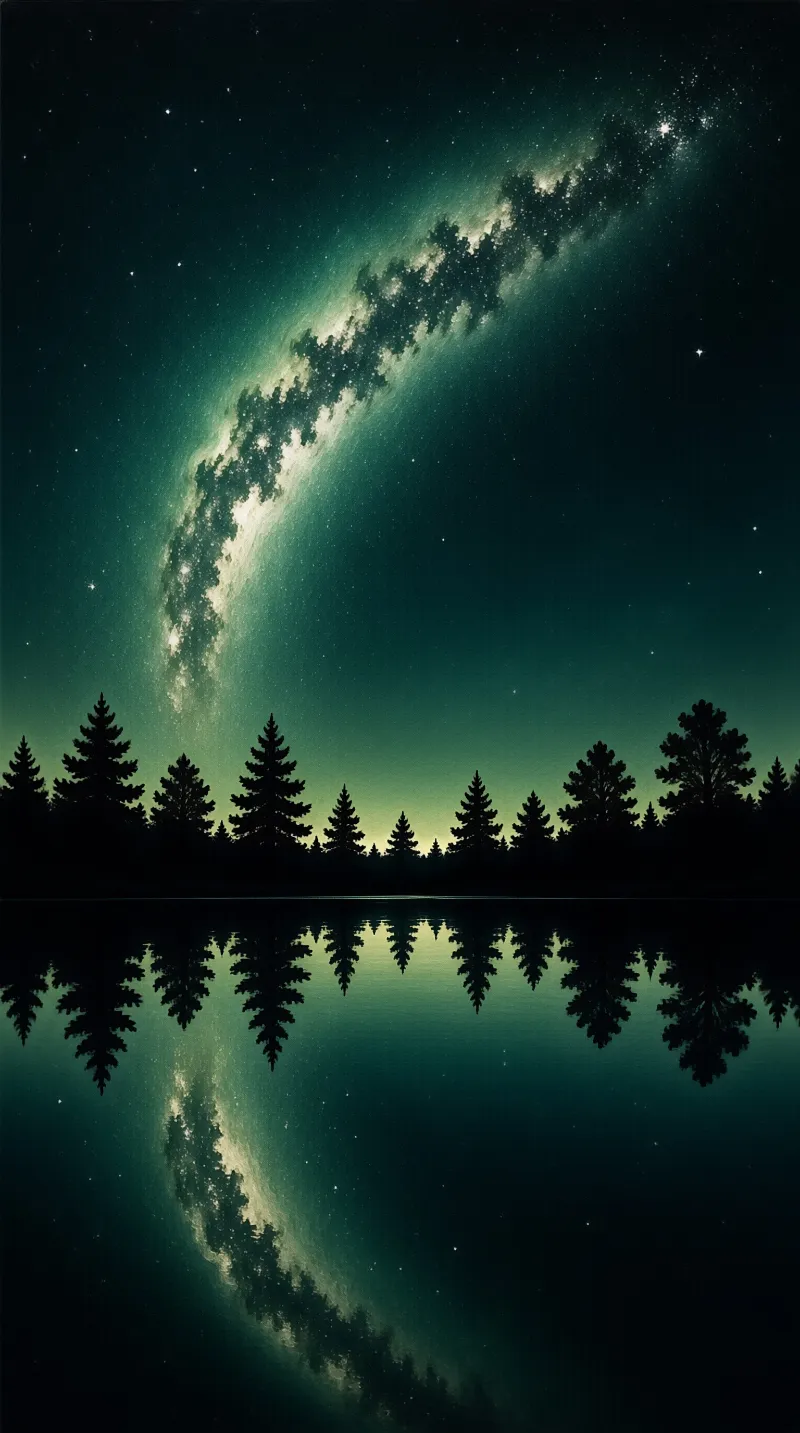 A luminous green galaxy band curves above dark pine trees that mirror perfectly into the calm surface of a quiet night lake.