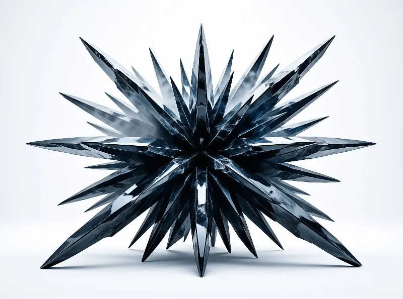 Dozens of mirror polished spikes radiate from a dark centre and reflect soft studio light.