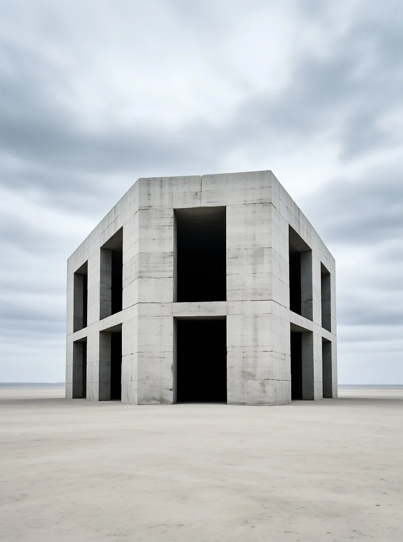 A windowless grey monolith of stacked concrete slabs stands alone on a featureless plain under heavy cloud.