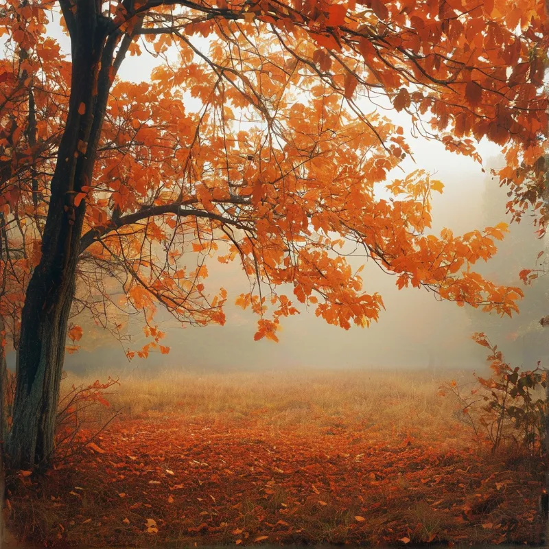 A large tree with vivid orange leaves stands on the left, branches reaching over a foggy field of fallen autumn leaves.