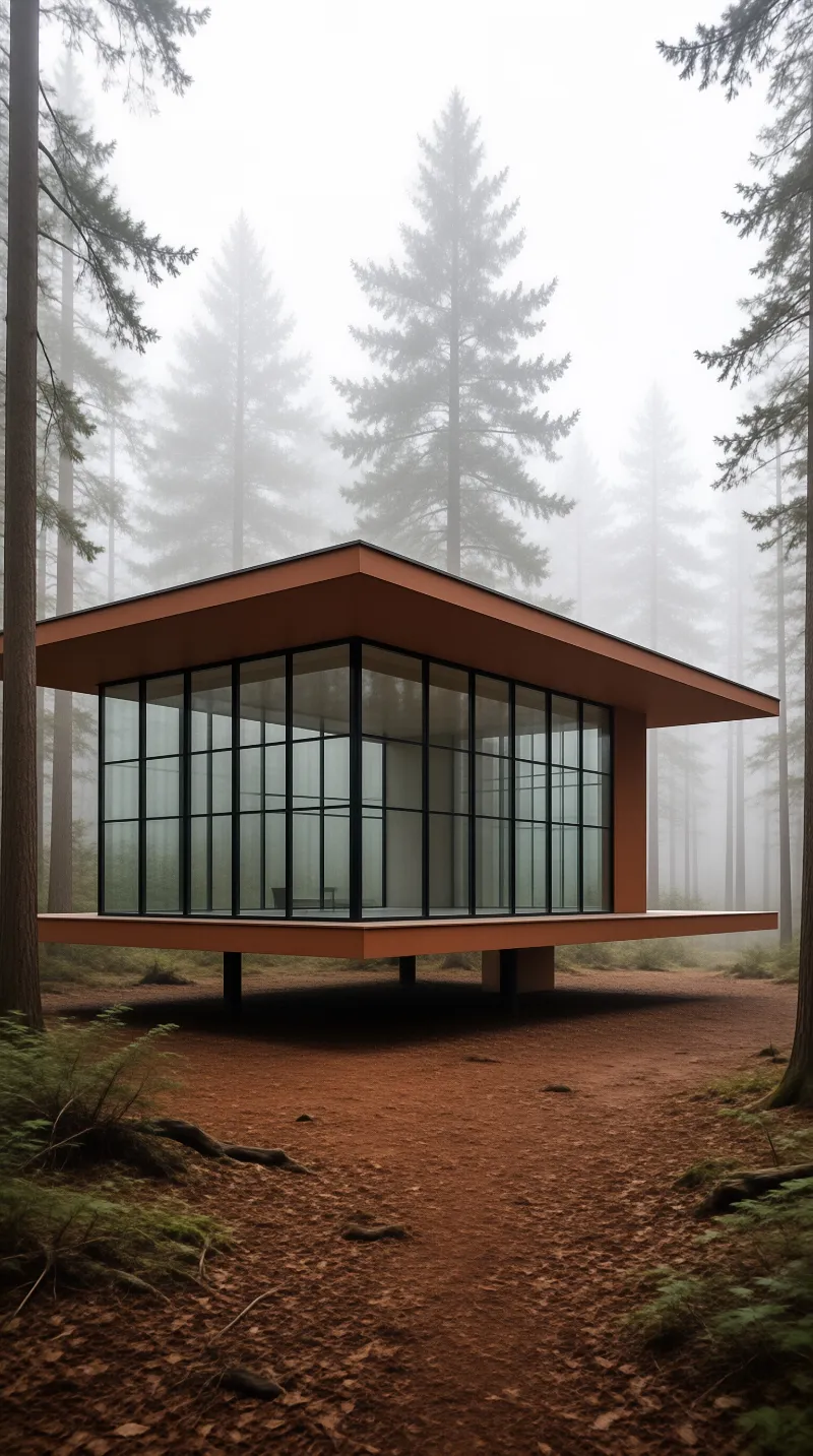 A glass cabin on thin stilts hovers above needle-strewn ground amid tall fog-drowned pines.