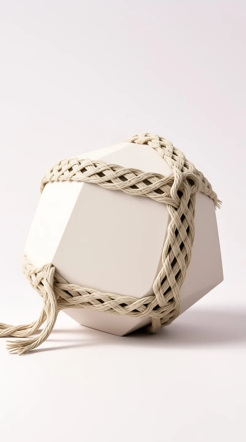 A matte white geometric stone bound by thick natural fiber rope sits isolated on a seamless pale surface with soft directional lighting.