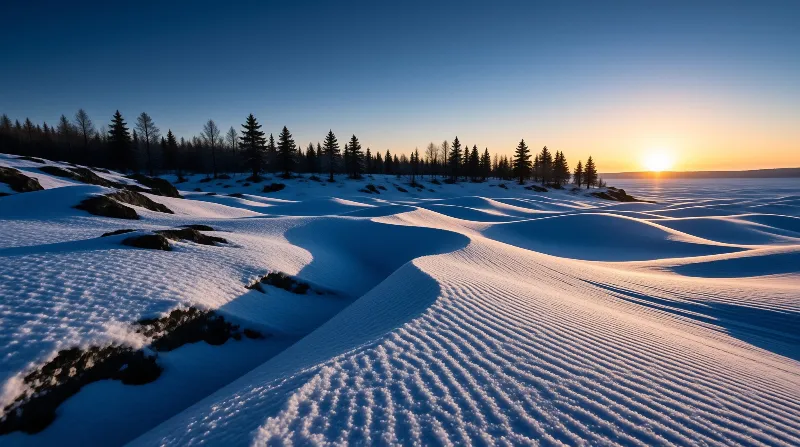 Rolling snow dunes covered in ripples are lit by a low sun near a dark tree line.