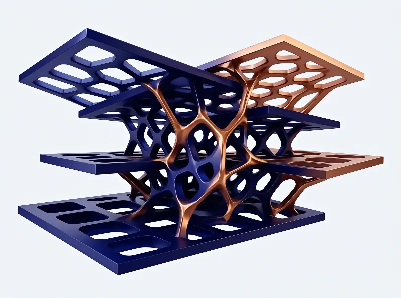 A 3D render shows copper supports holding multiple blue square plates with rectangular cutouts on a white background.
