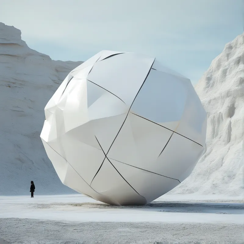 Massive white faceted sphere on a barren salt flat with towering chalk cliffs and a tiny human figure under a pale sky