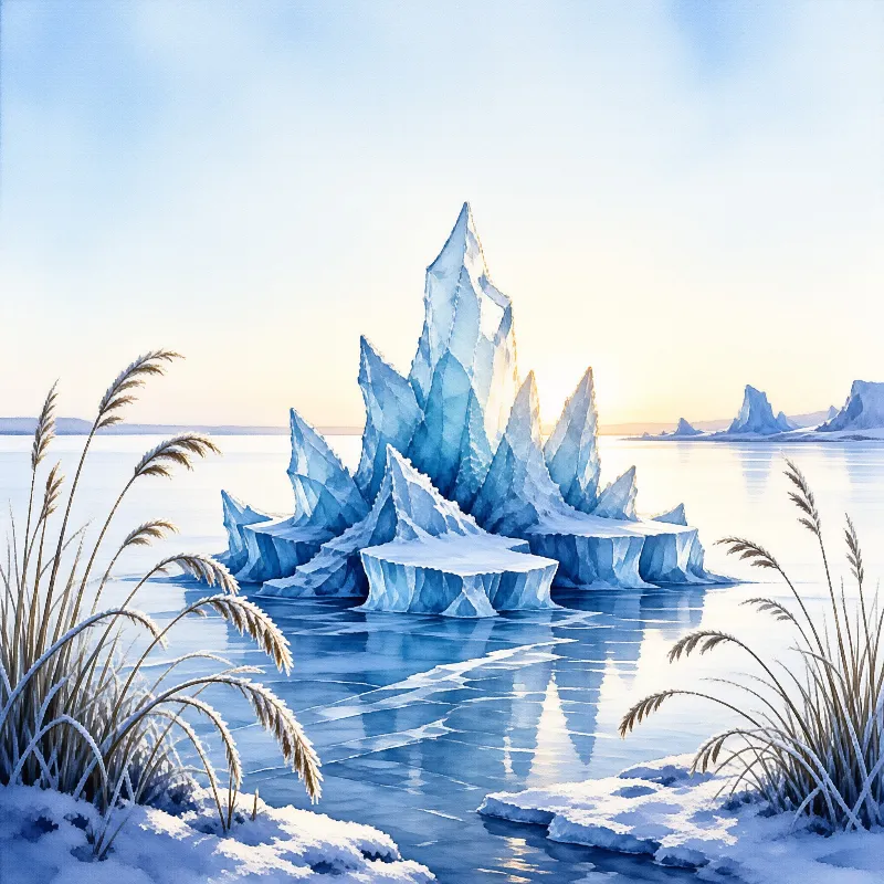 A massive blue ice formation drifts on calm water while tall frosty grasses frame the snowy banks under a bright horizon.